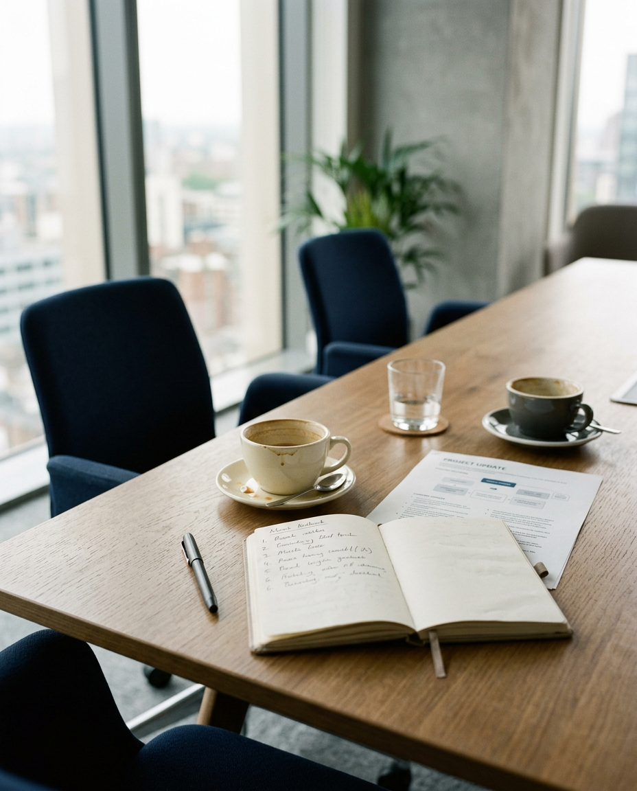 An open notebook with a handwritten list and a printed plan on a conference table